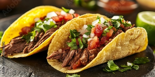 Two authentic Mexican street tacos filled with succulent barbacoa beef, showcasing the rich flavors and traditional essence of Mexican street cuisine with every delicious bite.