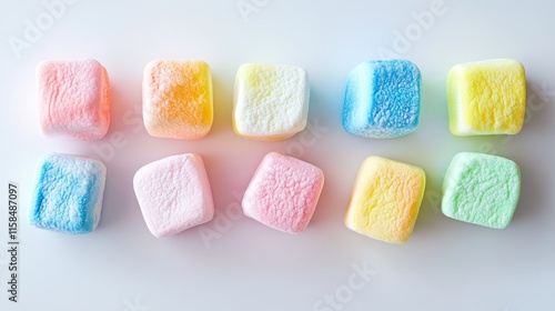 Vibrant multi colored marshmallows displayed on a clean white background, showcasing a delightful assortment of multi colored marshmallows in a visually appealing arrangement.