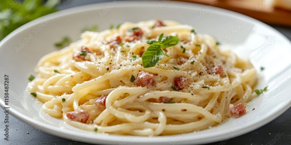 Delicious pasta carbonara elegantly presented in a deep white plate, garnished with fresh oregano, showcasing the rich flavors of classic pasta carbonara for a delightful meal experience. Delicious pasta carbonara elegantly presented in a deep white plate, garnished with fresh oregano, showcasing the rich flavors of classic pasta carbonara for a delightful meal experience.