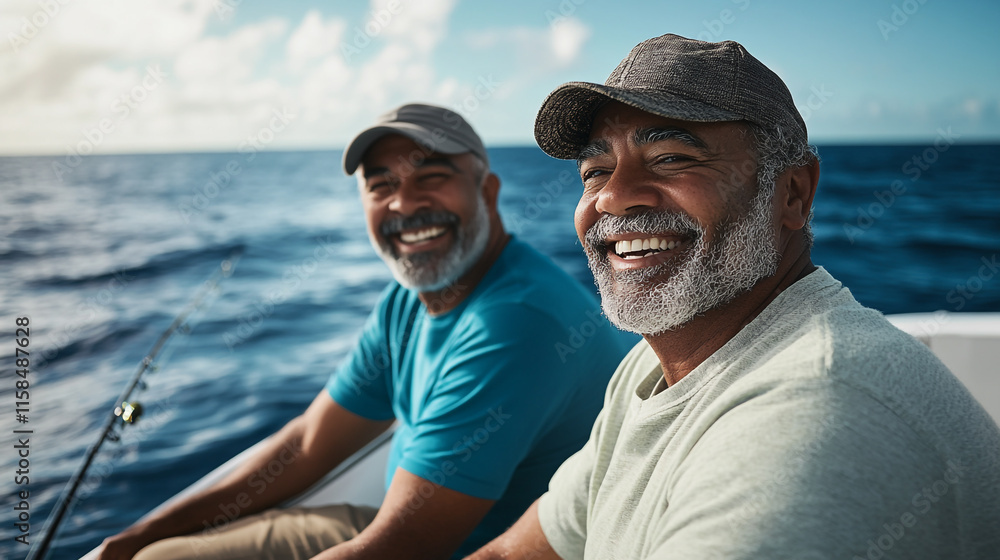 Two men enjoy a day of fishing together on a boat in the ocean under a bright blue sky. Two men enjoy a day of fishing together on a boat in the ocean under a bright blue sky.