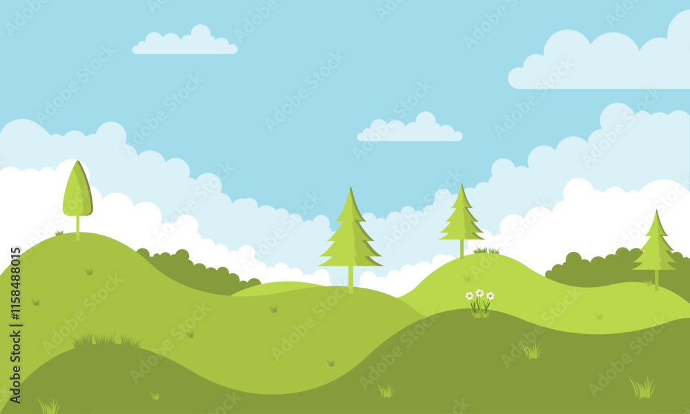 Fototapeta premium Summer landscape with trees and grass. Vector illustration in flat style.