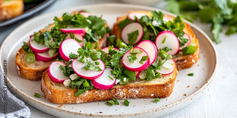 Toasted toast featuring fresh chopped radishes and green herbs on a white plate makes for a healthy breakfast choice. Enjoy this delightful toasted toast sandwich packed with vegetables. Toasted toast featuring fresh chopped radishes and green herbs on a white plate makes for a healthy breakfast choice. Enjoy this delightful toasted toast sandwich packed with vegetables.