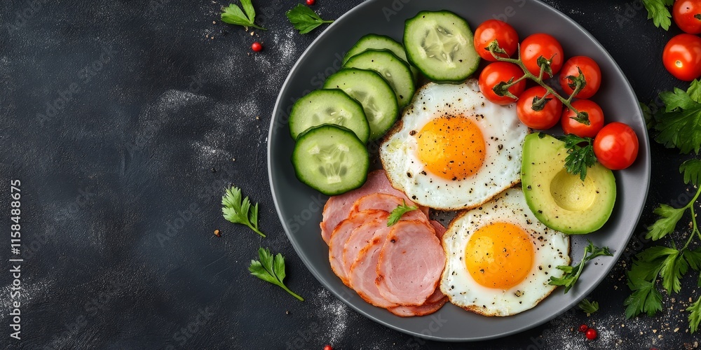 A breakfast option for the Keto diet features fried eggs, ham, avocado, cucumber, and cherry tomatoes, presented from a top view with space for captions or notes. A breakfast option for the Keto diet features fried eggs, ham, avocado, cucumber, and cherry tomatoes, presented from a top view with space for captions or notes.
