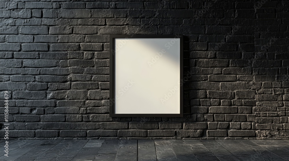 Empty square frame on a textured black brick wall, creating a blank canvas for art or posters. This square black frame mock up offers endless possibilities for creative design. Empty square frame on a textured black brick wall, creating a blank canvas for art or posters. This square black frame mock up offers endless possibilities for creative design.