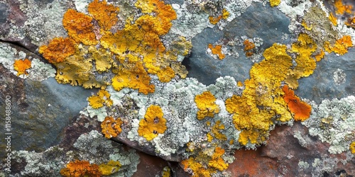 Close up of a stone surface covered in vibrant, varicolored lichen, where the lichen forms unique and abstract irregular patterns, showcasing the beauty of nature s designs in lichen. photo