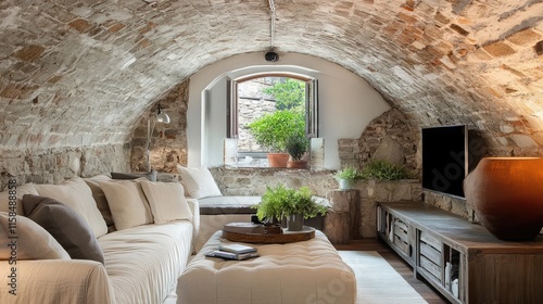 Small family room with a barrel-vaulted ceiling painted white and stone walls photo