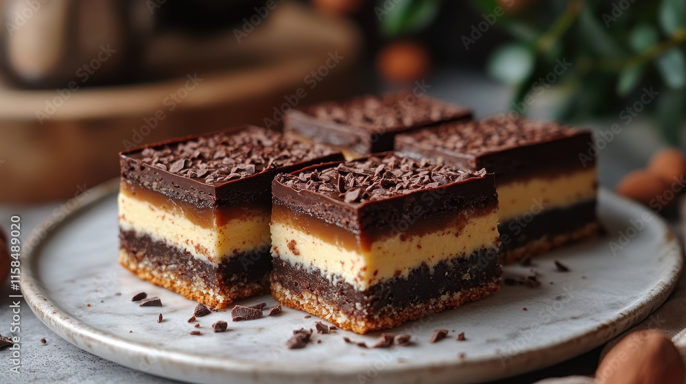 Chocolate Cake Slices with Caramel Layers, Gray Slate Surface Backdrop, for Food Advertisements and Culinary Themes Chocolate Cake Slices with Caramel Layers, Gray Slate Surface Backdrop, for Food Advertisements and Culinary Themes