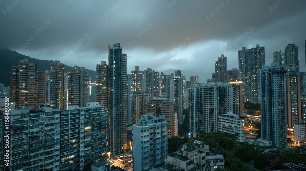 Fototapeta premium Overcast Skies Above Urban Cityscape and Tall Buildings
