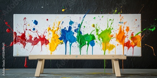 Colorful paint splashes adorn a white easel, showcasing vibrant creativity. The paint splashes on the easel create an artistic expression that s full of life and imagination. photo