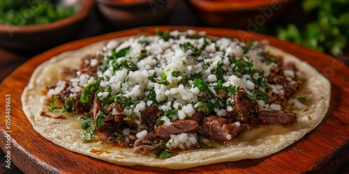 Traditional huarache featuring cecina beef, showcasing the rich flavors of this Mexican dish. Enjoy a delicious taste experience with authentic cecina beef in a traditional huarache. photo