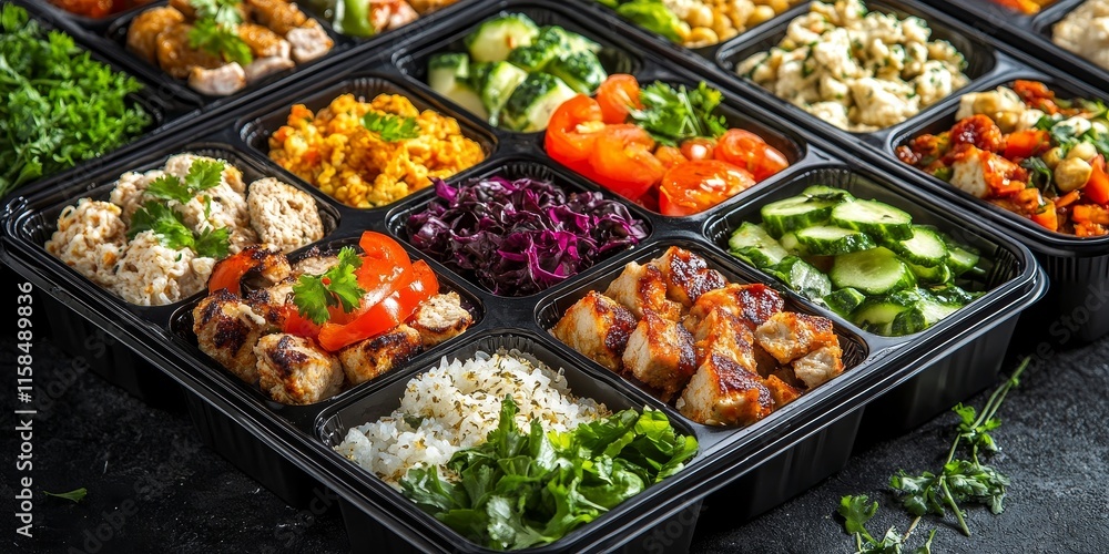 Healthy balanced diet catering offers delicious lunch box options, perfect for take away. Enjoy a packed ready meal in black containers for dinner, lunch, or breakfast that cater to your needs. Healthy balanced diet catering offers delicious lunch box options, perfect for take away. Enjoy a packed ready meal in black containers for dinner, lunch, or breakfast that cater to your needs.