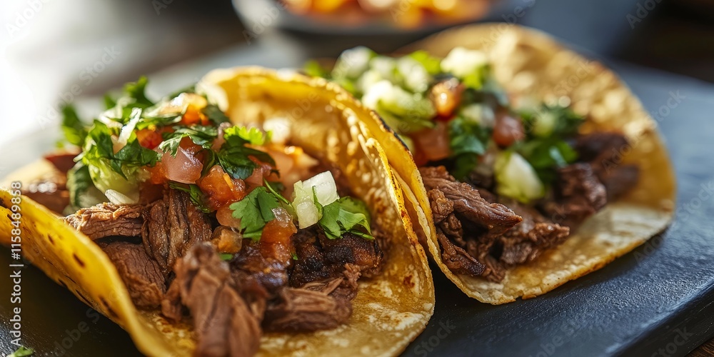Two authentic Mexican street tacos filled with succulent barbacoa beef, showcasing the rich flavors and traditional essence of Mexican street cuisine with every delicious bite. Two authentic Mexican street tacos filled with succulent barbacoa beef, showcasing the rich flavors and traditional essence of Mexican street cuisine with every delicious bite.