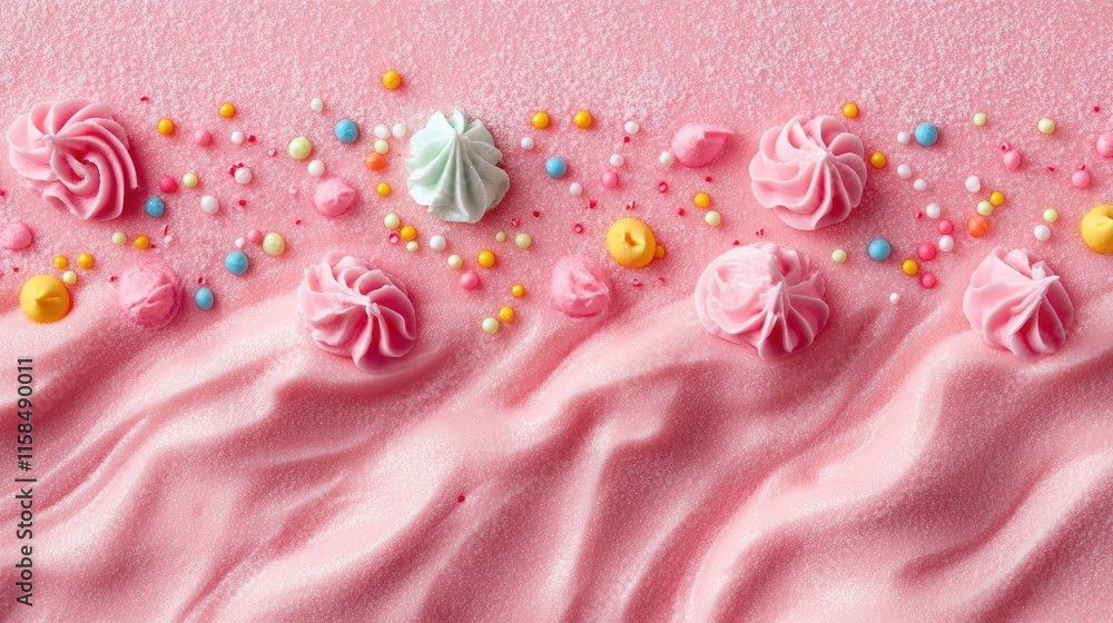 Vibrant, colorful toppings on a smooth pink icing sugar background, creating a playful and sweet dessert scene, perfect for showcasing treats Vibrant, colorful toppings on a smooth pink icing sugar background, creating a playful and sweet dessert scene, perfect for showcasing treats
