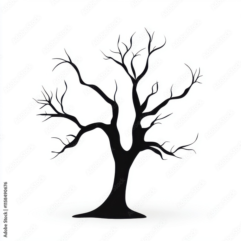 Fototapeta premium A striking silhouette of a barren black tree with twisted branches against a white background.