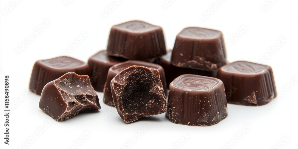 Obraz premium Delicious cracked milk chocolate candies, these enticing sweets are beautifully isolated on a white background, showcasing the rich texture and flavor of the milk chocolate candies.