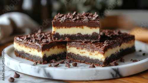 Wallpaper Mural Layered Chocolate Dessert Slices, Close-up with White Plate and Chocolate Crumbles, for Advertising and Marketing Torontodigital.ca