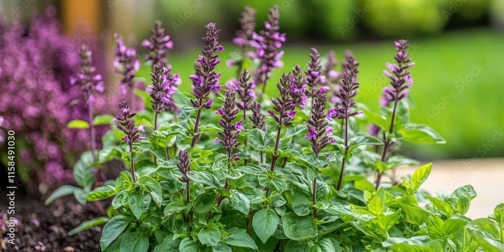 Fototapeta premium Flowering basil thrives in the garden bed, showcasing its vibrant blooms. This flourishing basil not only enhances the landscape but also adds a refreshing aroma to the surroundings.