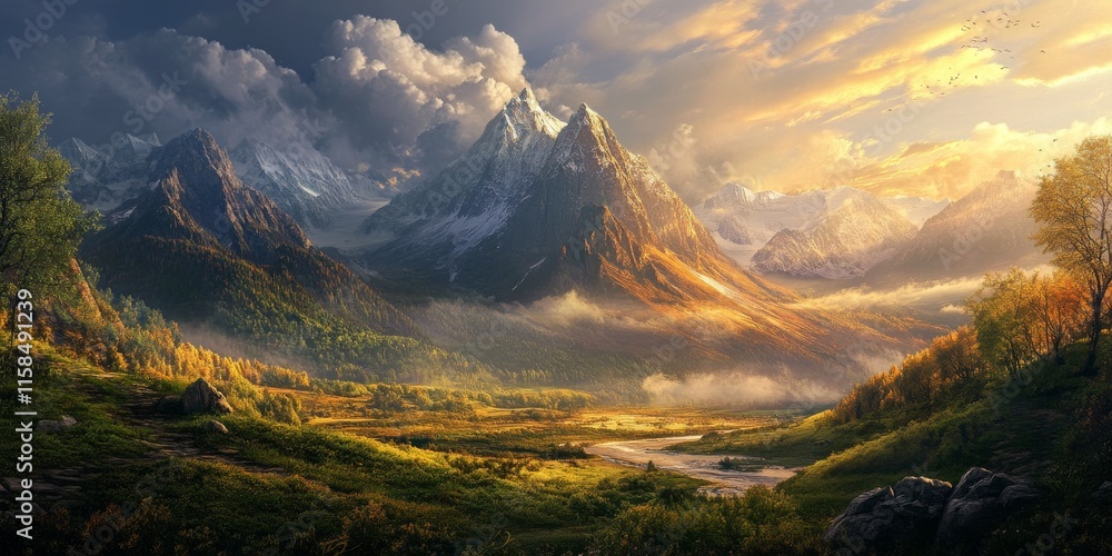 Scenic landscape showcasing distant mountain peaks, where the captivating mountain peaks create a stunning visual contrast with the beautiful foreground. Admire the majesty of mountain peaks in Scenic landscape showcasing distant mountain peaks, where the captivating mountain peaks create a stunning visual contrast with the beautiful foreground. Admire the majesty of mountain peaks in