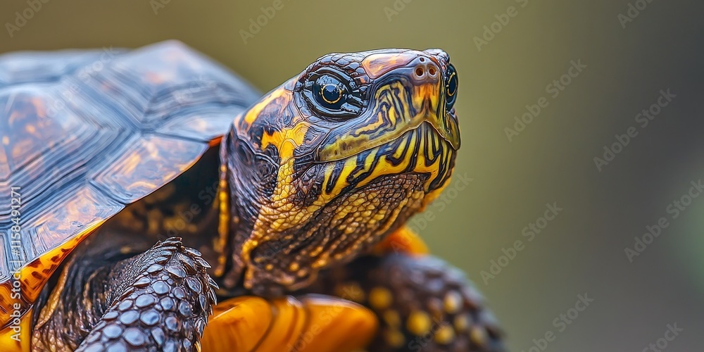 Obraz premium A detailed focus stacked close up image of an Eastern Box Turtle showcases the turtle s unique features against a softly blurred background, emphasizing the beauty of the Eastern Box Turtle.
