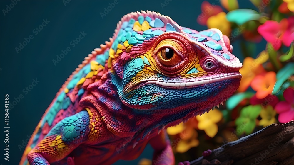 Obraz premium An illustration of a vibrant chameleon lizard up close. AI that is generative