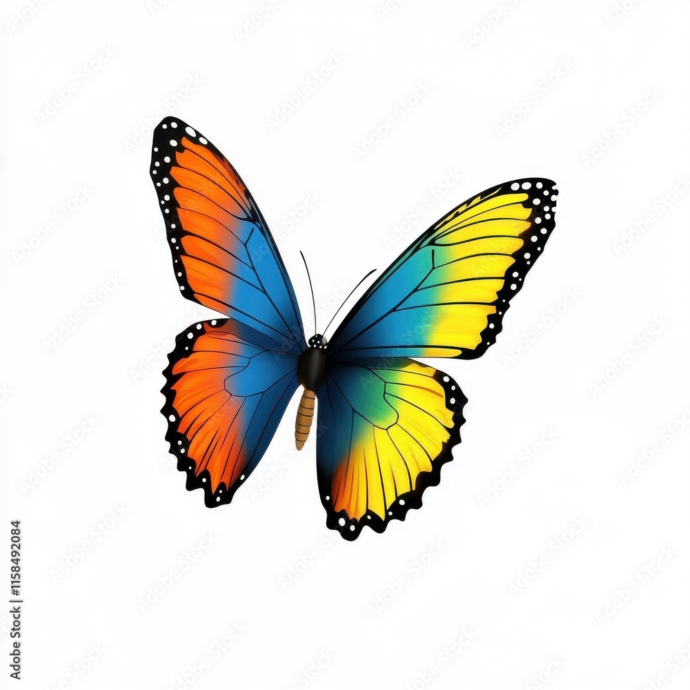 Vibrant butterfly with blue, orange, and yellow wings, perched gracefully against a light background. Vibrant butterfly with blue, orange, and yellow wings, perched gracefully against a light background.