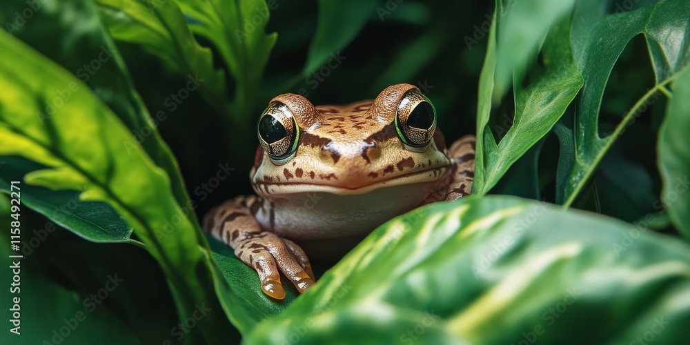 Obraz premium Frog nestled among lush greenery in a botanical garden, showcasing the vibrant ecosystem where frogs thrive. This frog highlights the rich biodiversity found in botanical gardens.