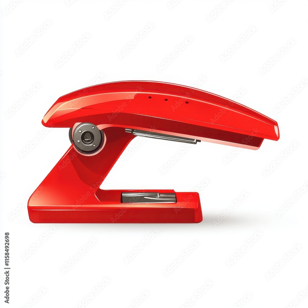 A sleek, modern red stapler positioned against a clean white background, showcasing its innovative design. A sleek, modern red stapler positioned against a clean white background, showcasing its innovative design.