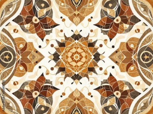 Intricate ethnic pattern with warm earth tones and animal motifs, creating a rich and cultural feel. Perfect for textiles, ethnic designs, or unique wrapping paper. photo