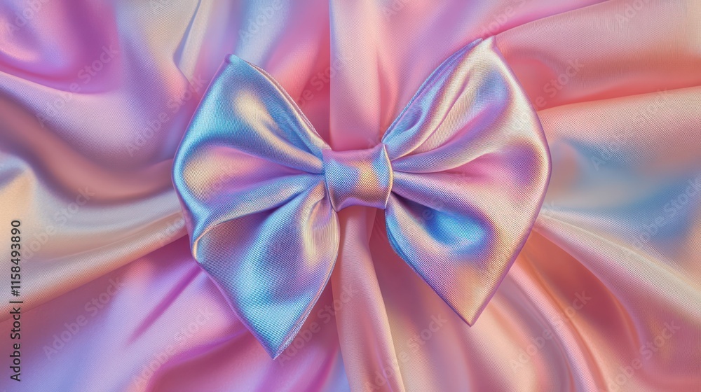 Beautiful iridescent bow on flowing pastel silk fabric Beautiful iridescent bow on flowing pastel silk fabric