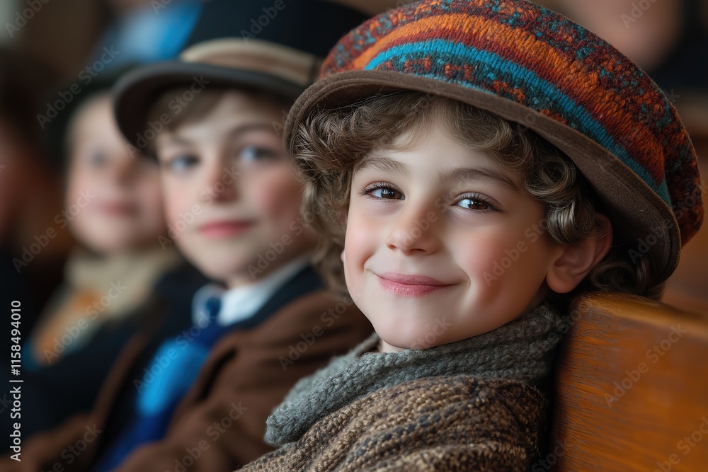 Celebrating Purim traditions with joyful children in a synagogue setting during a family gathering Celebrating Purim traditions with joyful children in a synagogue setting during a family gathering