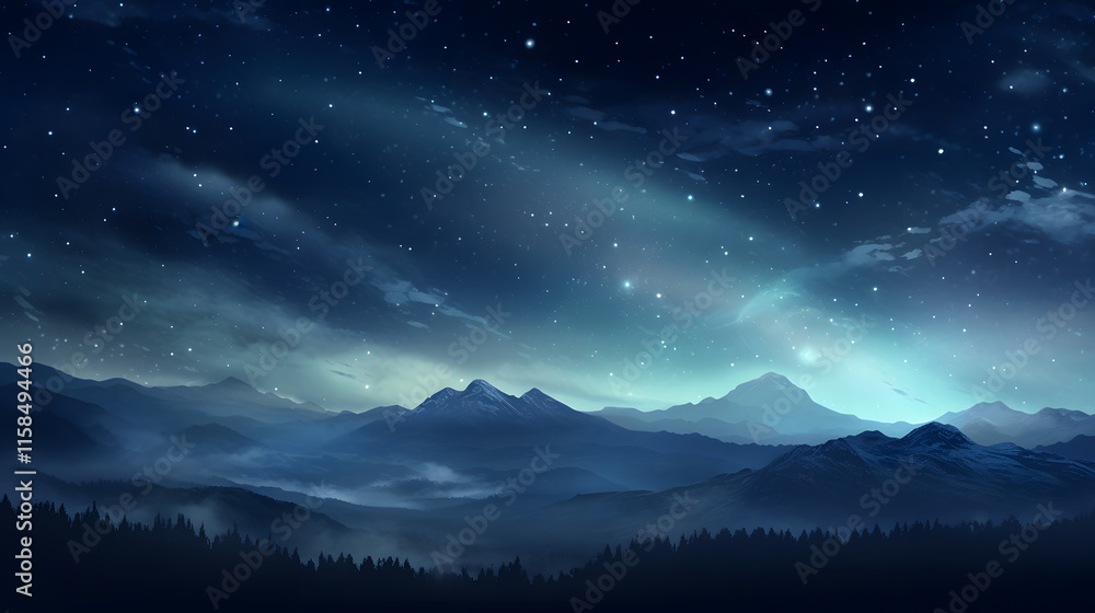 Naklejka premium digital cyan blue night mountains and stars design graphics poster background