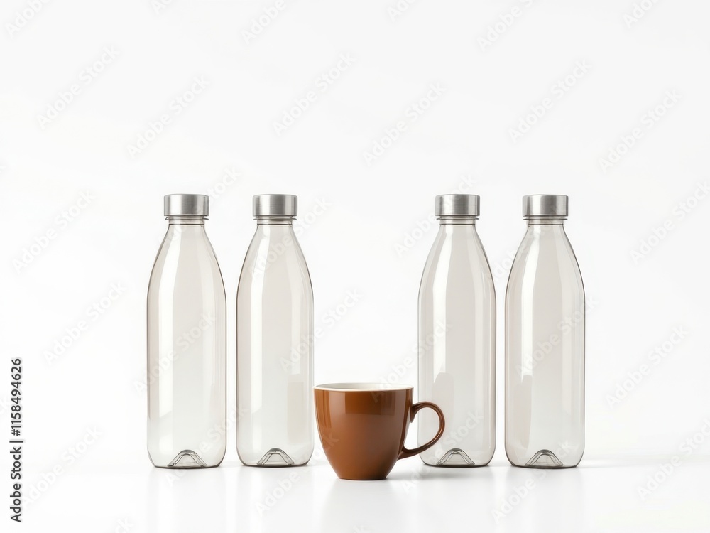 Minimalist glass water bottles, arranged neatly, promoting purity and hydration. Ideal for health and wellness campaigns, eco-friendly products, or modern kitchen design. Minimalist glass water bottles, arranged neatly, promoting purity and hydration. Ideal for health and wellness campaigns, eco-friendly products, or modern kitchen design.