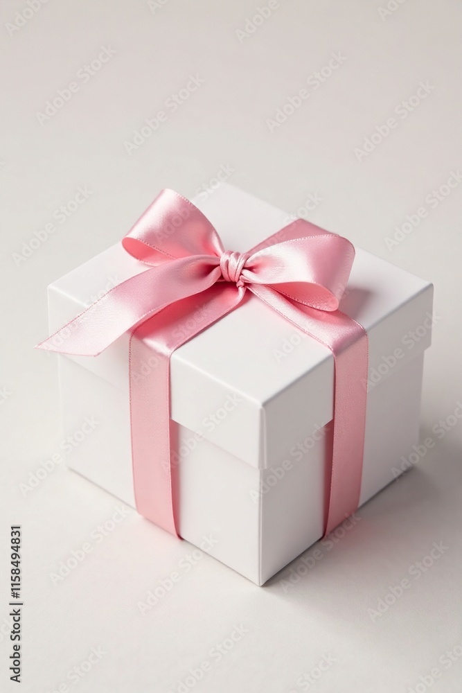 Obraz premium Delicate white gift box with a soft pink ribbon tied in a bow, texture, decorative, white
