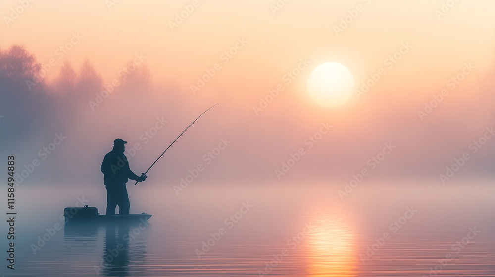 Early morning fishing at sunrise on a calm lake shrouded in mist with reflections on the water. Early morning fishing at sunrise on a calm lake shrouded in mist with reflections on the water.