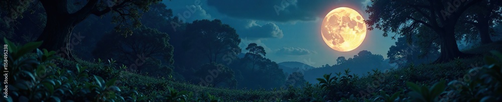 dense foliage sways softly in the moonlit breeze, darkness, calm dense foliage sways softly in the moonlit breeze, darkness, calm