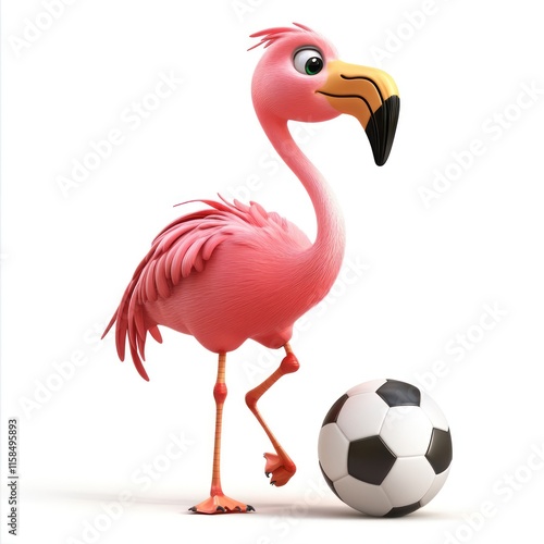 A friendly flamingo playing soccer. vector style art 3d illustration Isolated on White Background