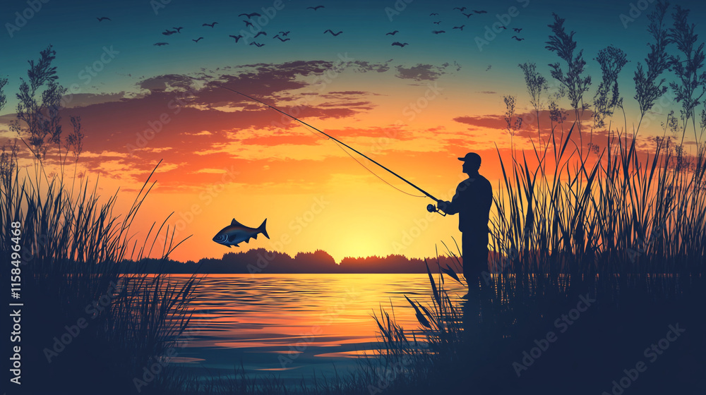 Casting a line at sunset while fishing by the tranquil lake surrounded by lush green foliage. Casting a line at sunset while fishing by the tranquil lake surrounded by lush green foliage.