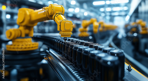  production line in an industrial factory, with yellow robotic arms working on the assembly of cans. A conveyor belt moves black and white beer cans along, and a c photo