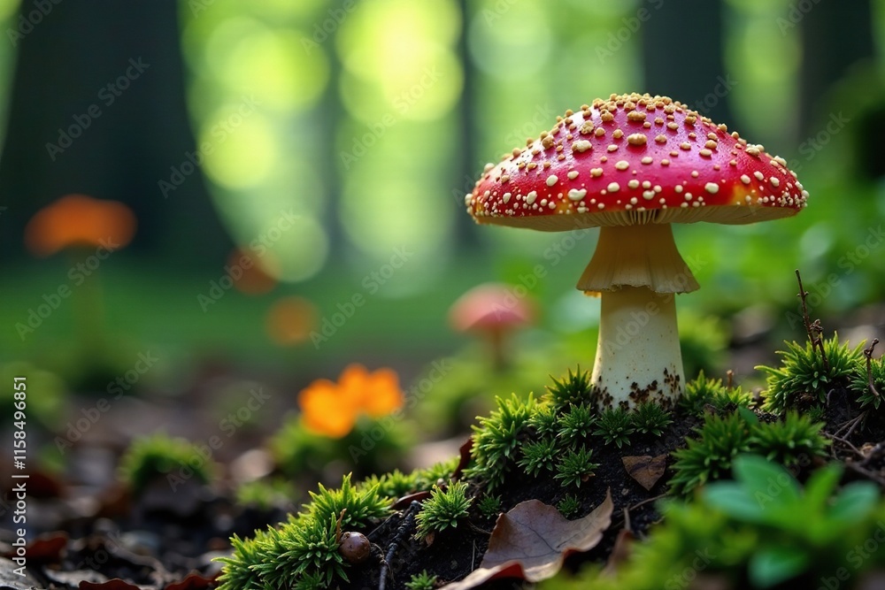 Forest terrain with Russula red headed mushroom, wild, terrain, nature Forest terrain with Russula red headed mushroom, wild, terrain, nature