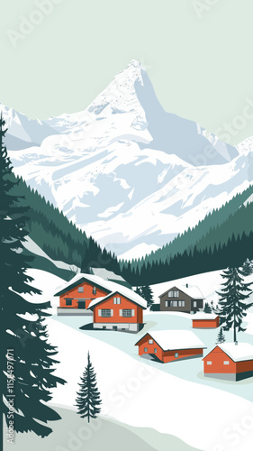 Vintage Swiss Winter Village Scene in Wengen, Minimalist Bernese Alps Poster Art