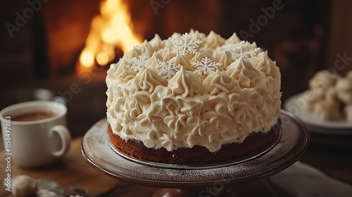 Festive vanilla cake with snowflake decoration near fireplace. photo