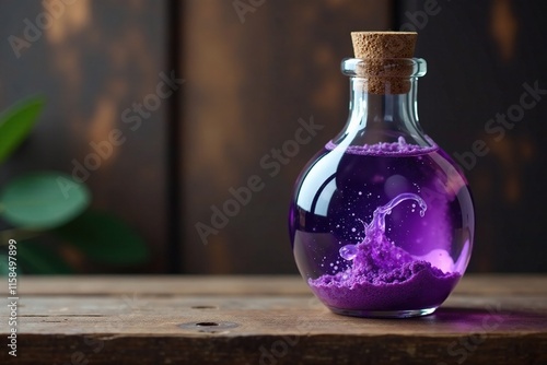 Glass bottle filled with swirling purple and white potion on a wooden shelf, mystical potion, natural remedy