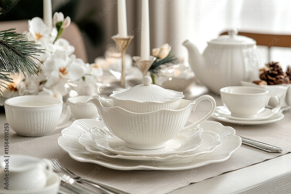 Elegant White Tea Set on a Table Setting Elegant White Tea Set on a Table Setting