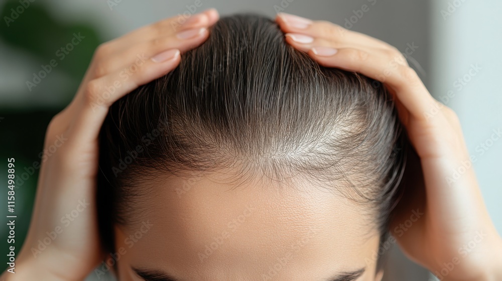 Fototapeta premium An individual with a receding hairline is holding back their thinning hair, showcasing early signs of male pattern baldness in a close-up view.