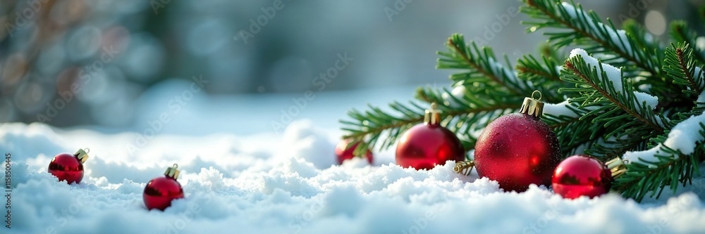 Red and green ornaments scattered on the ground amidst fallen evergreen branches in a snowy scene, landscape, ornaments, frozen Red and green ornaments scattered on the ground amidst fallen evergreen branches in a snowy scene, landscape, ornaments, frozen