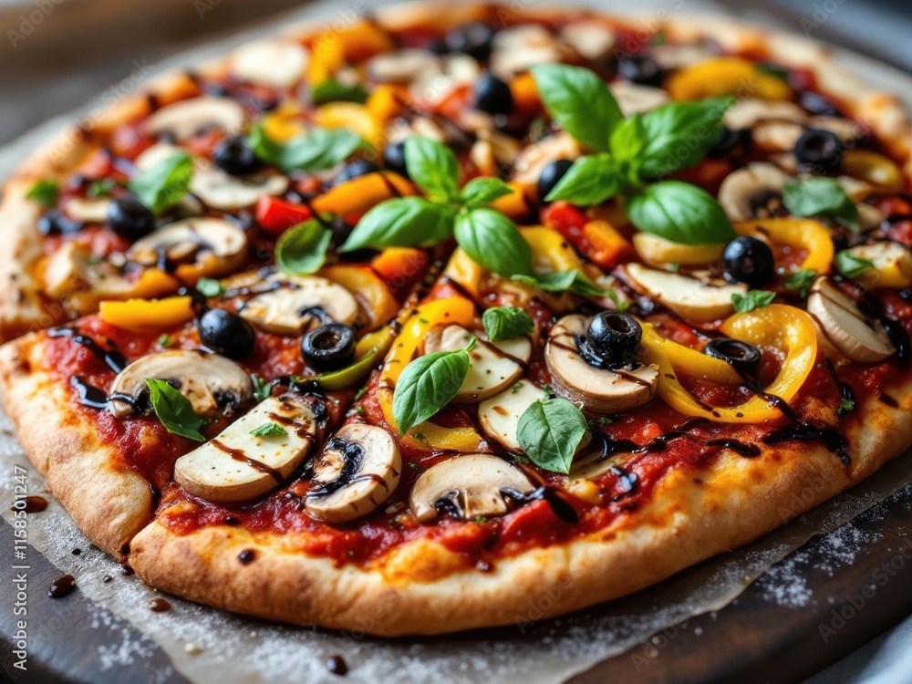 Delicious homemade pizza with colorful toppings, evoking a sense of comfort and culinary satisfaction. Ideal for food blogs, restaurant promotions, or recipe websites. Delicious homemade pizza with colorful toppings, evoking a sense of comfort and culinary satisfaction. Ideal for food blogs, restaurant promotions, or recipe websites.