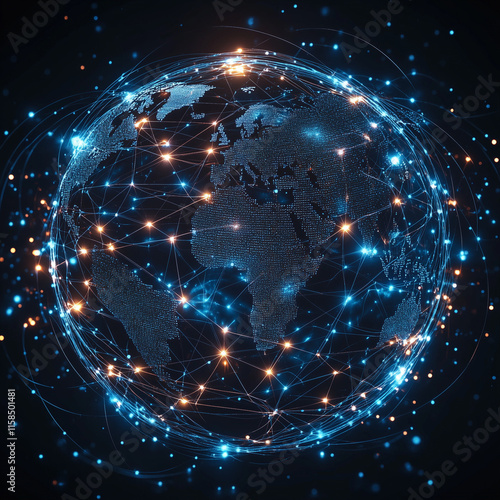 globe interconnected with glowing networks,circuit boards,global technology and digital networks,earth,tellurion,neon gold highlights,futuristic and sleek design photo