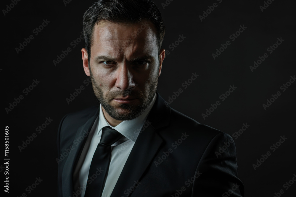 Fototapeta premium Serious Businessman in Black Suit Against Dark Background