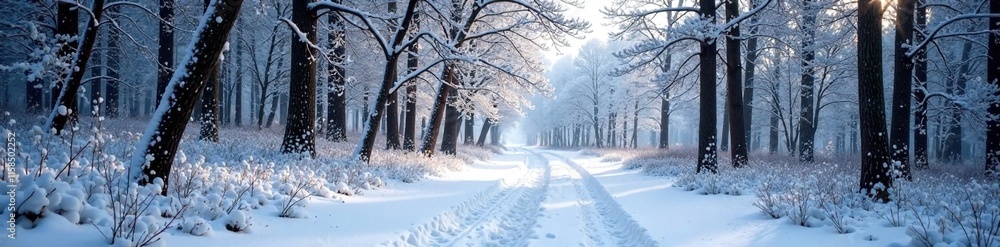 Fototapeta premium Snow-covered forest path winding through trees, branch, landscape, winter