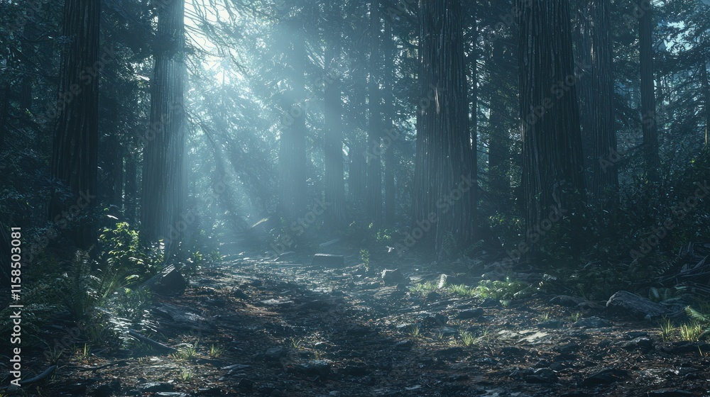 Fototapeta premium Sunbeams illuminate a misty forest path.